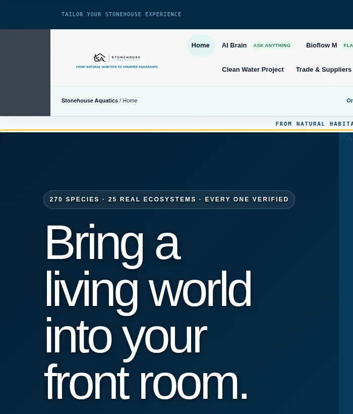Stonehouse Aquatics homepage, real screenshot of the live site