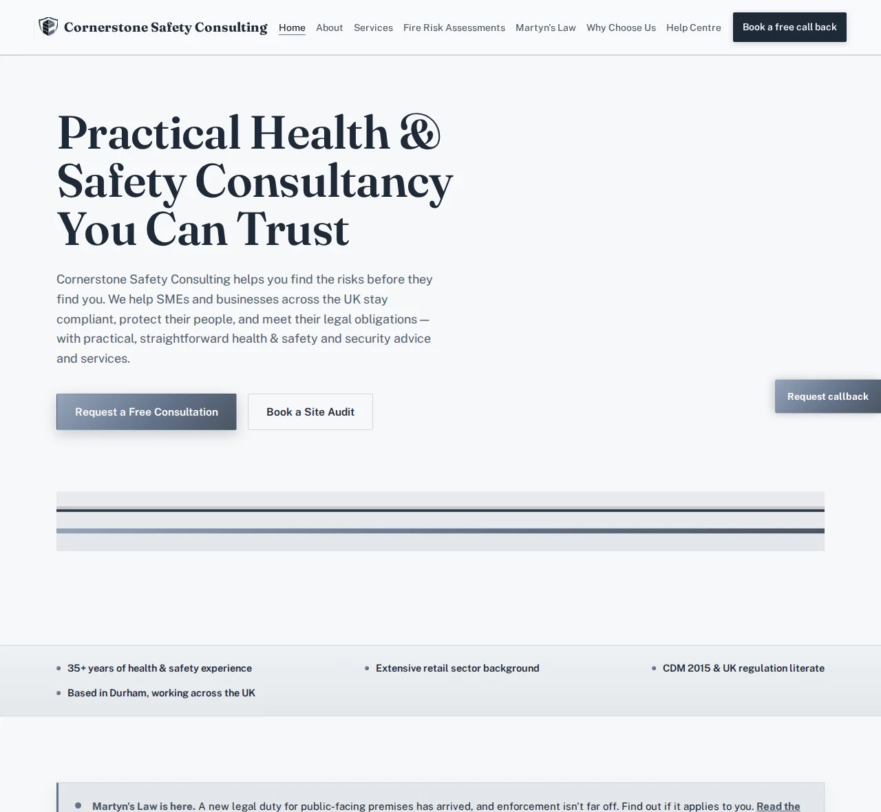 Cornerstone Safety Consulting homepage, real screenshot of the live site